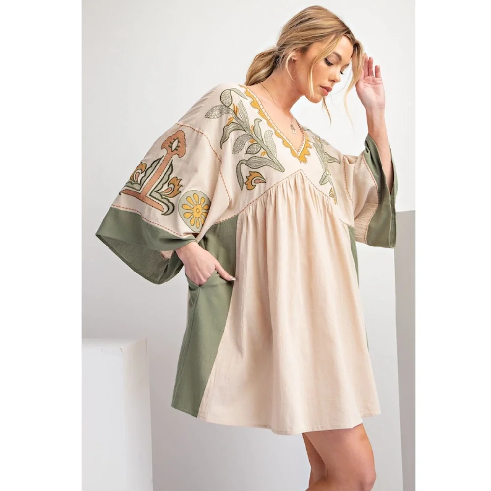 "The Kavi" Cream Embroidered Poly Linen Dress with Pockets. OBO - Picture 2 of 3